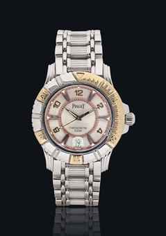 PIAGET. AN 18K TWO COLOUR, GOLD AUTOMATIC WRISTWATCH WITH SWEEP CENTRE SECONDS, DATE AND BRACELET