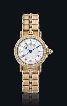 BREGUET. A LADY'S FINE 18K GOLD AND DIAMOND-SET WRISTWATCH WITH SWEEP CENTRE SECONDS, DATE, MOTHER-OF-PEARL CHAPTER RING AND BRACELET