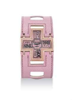 ROGER DUBUIS. A LADY'S 18K PINK GOLD AND PINK SAPPHIRE-SET LIMITED EDITION CRUCIFORM WRISTWATCH