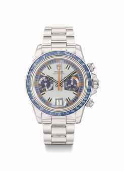 Tudor. A rare and attractive stainless steel chronograph wristwatch with date, bracelet and blue bakelite bezel