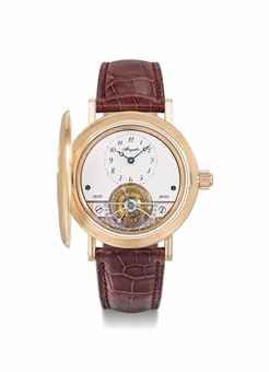 Breguet. A very fine and rare 18K pink gold limited edition half hunter case semi-skeletonized wristwatch with tourbillon regulator, enamel dial, certificate and box