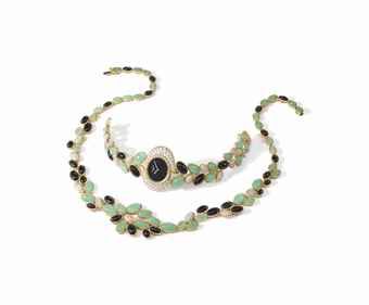 Patek Philippe. A lady's fine, rare and unusual 18K gold, chrysoprase, black onyx and diamond-set bracelet watch and matching necklace