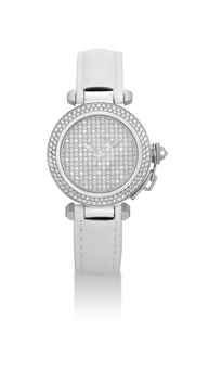 CARTIER. A LADY'S FINE AND RARE 18K WHITE GOLD AND DIAMOND-SET AUTOMATIC WRISTWATCH WITH SWEEP CENTRE SECONDS