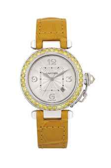 CARTIER. A FINE AND RARE LADY'S 18K WHITE GOLD AND COLOURED DIAMOND-SET AUTOMATIC WRISTWATCH WITH SWEEP CENTRE SECONDS AND DATE