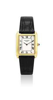 PATEK PHILIPPE. AN 18K GOLD RECTANGULAR WRISTWATCH WITH WHITE LACQUERED DIAL