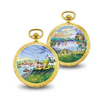 IWC. A FINE 18K GOLD AND ENAMEL HUNTER CASE KEYLESS LEVER WATCH