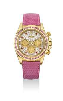 ROLEX. A FINE AND RARE 18K GOLD, DIAMOND AND PINK SAPPHIRE-SET CHRONOGRAPH WRISTWATCH