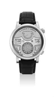 A. LANGE & SÖHNE. A VERY FINE AND RARE PLATINUM LIMITED EDITION QUARTER-HOUR AND FULL-HOUR STRIKING WRISTWATCH WITH DIGITAL TIME DISPLAY, POWER RESERVE AND HACK FEATURE