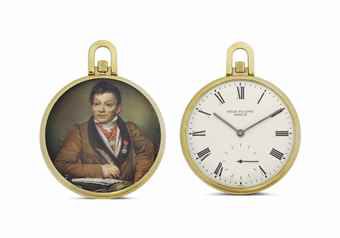 Patek Philippe. A Unique and Very Fine 18K Gold Openface Keyless Lever Pocket Watch with Enamel Miniature after Jacques Louis David by Suzanne Rohr, With Original Certificate of Origin