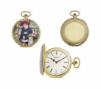 Patek Philippe. A Unique and Very Fine 18k Gold Hunter Case Keyless Lever Pocket Watch with Enamel Miniature after Pierre-August Renoir by Suzanne Rohr with Original Presentation Box