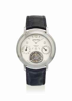 AUDEMARS PIGUET. A VERY FINE AND RARE PLATINUM AUTOMATIC TOURBILLON WRISTWATCH WITH DATE AND POWER RESERVE
