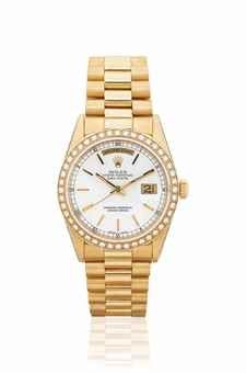 ROLEX. A FINE 18K GOLD AND DIAMOND-SET AUTOMATIC WRISTWATCH WITH SWEEP CENTRE SECONDS, DAY, DATE AND BRACELET
