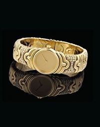 BULGARI. A LADY'S 18K GOLD AND DIAMOND-SET BANGLE WATCH