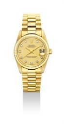 ROLEX. AN 18K GOLD AND DIAMOND-SET MID-SIZE AUTOMATIC WRISTWATCH WITH SWEEP CENTRE SECONDS, DATE AND BRACELET