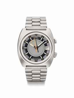 Omega. A rare and large stainless steel cushion-shaped automatic wristwatch with sweep centre seconds, date, alarm and bracelet