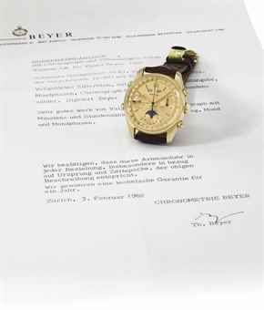 Beyer. A rare and unusual 18K gold full calendar chronograph wristwatch with gilt dial, moon phases and original letter