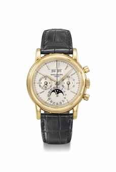 Patek Philippe. A very fine and rare 18K gold perpetual calendar chronograph wristwatch with moon phases, original certificate, setting pin and box