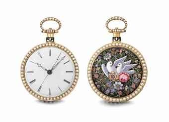Just & Son. An extremely fine, rare and decorative 18K gold, enamel and pearl-set openface centre seconds duplex watch, made for the Chinese market