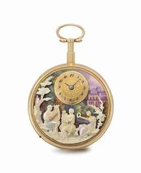 Roman Bordier & Cie., attributed to Henry Capt. A very fine, rare and attractive 18K gold and enamel openface two-train quarter repeating musical automaton watch