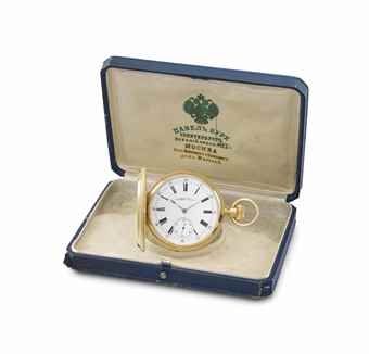 Paul Buhré. A very fine and rare 18K gold and enamel gold hunter case keyless lever imperial presentation watch with box, given by Tsar Alexander III to the opera singer Konstantin Serebryakov