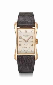 Patek Philippe. A fine and very rare 18K pink gold rectangular wristwatch