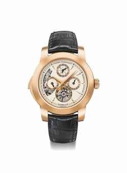 Girard-Perregaux. An extremely rare and important 18K pink gold perpetual calendar minute repeating three gold bridges tourbillon wristwatch with Westminster carillon chimes, leap year indicator, Certificate of Authenticity and wooden resonance box