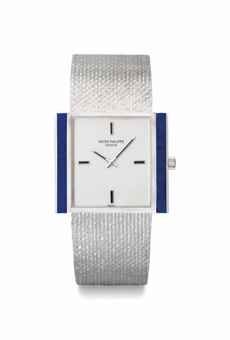 Patek Philippe. A fine and rare 18K white gold and lapis lazuli bracelet watch with box