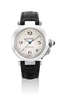 CARTIER. A RARE 18K WHITE GOLD LIMITED EDITION AUTOMATIC WRISTWATCH WITH SWEEP CENTRE SECONDS AND DATE