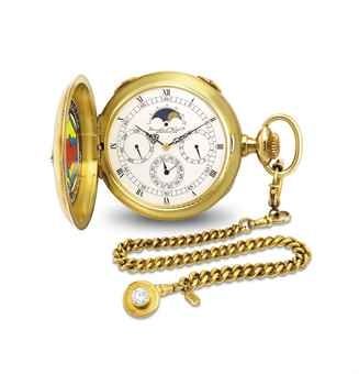 IWC. A VERY FINE AND POSSIBLY UNIQUE 18K GOLD AND GEM-SET HUNTER CASE TRIPLE CALENDAR KEYLESS LEVER WATCH WITH MOON PHASES AND CHAIN WITH FOB