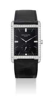 PATEK PHILIPPE. A FINE 18K WHITE GOLD AND DIAMOND-SET RECTANGULAR WRISTWATCH