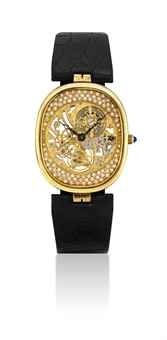 PATEK PHILIPPE. A FINE AND RARE 18K GOLD AND DIAMOND-SET CUSHION-SHAPED SKELETONISED WRISTWATCH