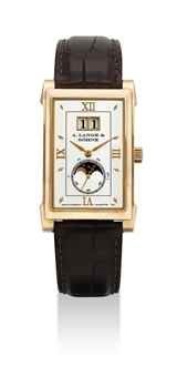 A. LANGE & SÖ HNE. A FINE 18K PINK GOLD RECTANGULAR WRISTWATCH WITH DATE AND MOON PHASES