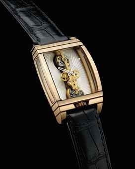CORUM. A FINE AND UNIQUE 18K PINK GOLD SEMI-SKELETONISED TONNEAU-SHAPED TOURBILLON WRISTWATCH WITH LINEAR MOVEMENT