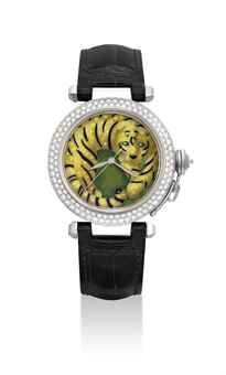 CARTIER. A FINE AND EXTREMELY RARE 18K WHITE GOLD AND DIAMOND-SET LIMITED EDITION AUTOMATIC WRISTWATCH WITH SWEEP CENTRE SECONDS AND CLOISONNÉ ENAMEL DIAL