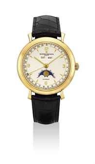 VACHERON CONSTANTIN. A FINE 18K GOLD AUTOMATIC TRIPLE CALENDAR WRISTWATCH WITH MOON PHASES