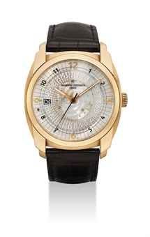 VACHERON CONSTANTIN. A FINE 18K PINK GOLD CUSHION-SHAPED AUTOMATIC WRISTWATCH WITH SWEEP CENTRE SECONDS AND DATE