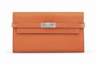 AN ORANGE H CHEVRE LEATHER KELLY LONG WALLET WITH PALLADIUM HARDWARE
