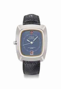 Omega. A large stainless steel rectangular-shaped wristwatch with sweep centre seconds, blue dial and red date