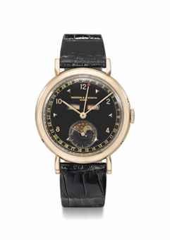 Vacheron Constantin. An attractive 18K gold triple calendar wristwatch with moon phases and black lacquer dial