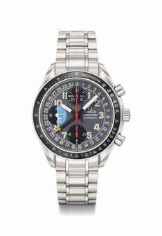 Omega. A fine stainless automatic triple calendar chronograph wristwatch with 24 hours indication and bracelet