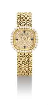 PATEK PHILIPPE. A LADY'S FINE 18K GOLD, DIAMOND AND SAPPHIRE-SET CUSHION-SHAPED BRACELET WATCH