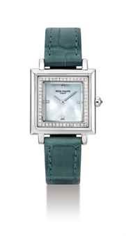 PATEK PHILIPPE. A LADY’S FINE 18K WHITE GOLD AND DIAMOND-SET SQUARE WRISTWATCH WITH MOTHER-OF-PEARL DIAL