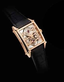 GIRARD-PERREGAUX. A VERY FINE 18K PINK GOLD RECTANGULAR AUTOMATIC THREE GOLD BRIDGES TOURBILLON WRISTWATCH