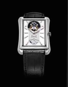PIAGET. A FINE 18K WHITE GOLD RECTANGULAR TOURBILLON WRISTWATCH WITH POWER RESERVE