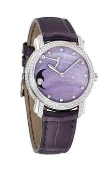 VACHERON CONSTANTIN. A FINE 18K WHITE GOLD AND DIAMOND-SET WRISTWATCH WITH POWER RESERVE, MOON PHASES AND LAVENDER MOTHER-OF-PEARL DIAL