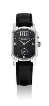 A. LANGE & SÖ HNE. A LADY ’ S FINE PLATINUM BARREL-SHAPED WRISTWATCH WITH DATE