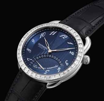 HERMÈ S. A FINE AND VERY RARE PLATINUM AND DIAMOND-SET LIMITED EDITION AUTOMATIC WRISTWATCH WITH RETROGRADE DATE AND TIME SUSPENSION FUNCTION
