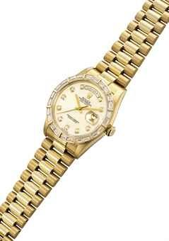 ROLEX. A FINE 18K GOLD AND DIAMOND-SET AUTOMATIC WRISTWATCH WITH SWEEP CENTRE SECONDS, DAY, DATE AND BRACELET