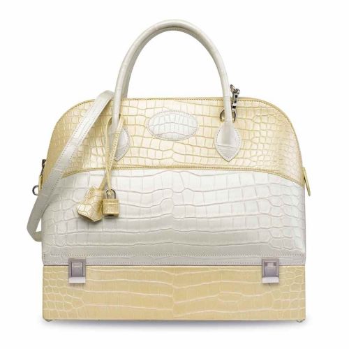 A RARE, SHINY PEARL WHITE & CHAMPAGNE POROSUS CROCODILE MACPHERSON WITH PALLADIUM HARDWARE