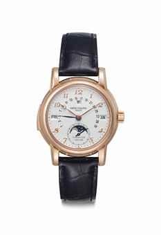 Patek Philippe. An Extremely Fine, Rare and Important 18k Pink Gold Perpetual Calendar Minute Repeating Tourbillon Wristwatch with Breguet Numerals, Retrograde Date, Moon Phases and Additional Solid Case Back